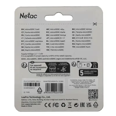 Карта памяти MicroSDXC + SD адаптер 256 GB Class10 Netac