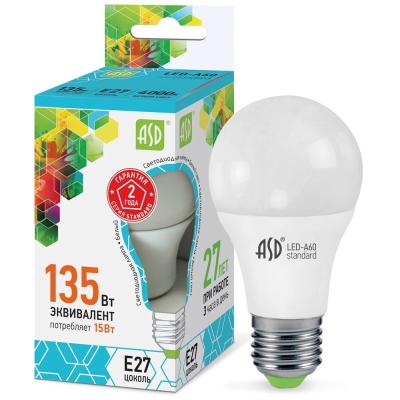 Лампа светодиодная ASD LED-A60-standard 15Вт 230В Е27 4000К 1350Лм